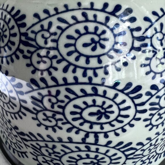 Iga Ware Handcrafted Ceramic Teapot Bamboo Handle Blue White Swirl Design Vtg - Picture 11 of 12